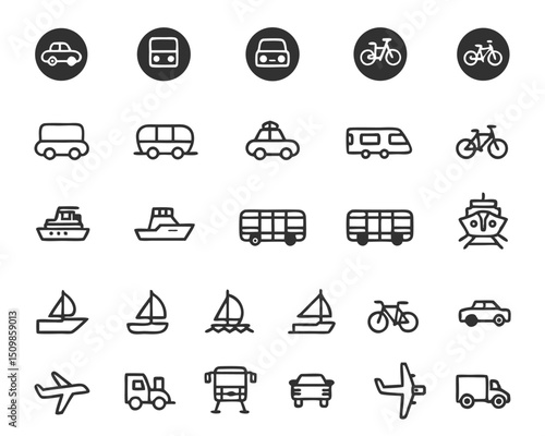 Transportation icons set vector illustration car bus train boat airplane bicycle and more travel symbols