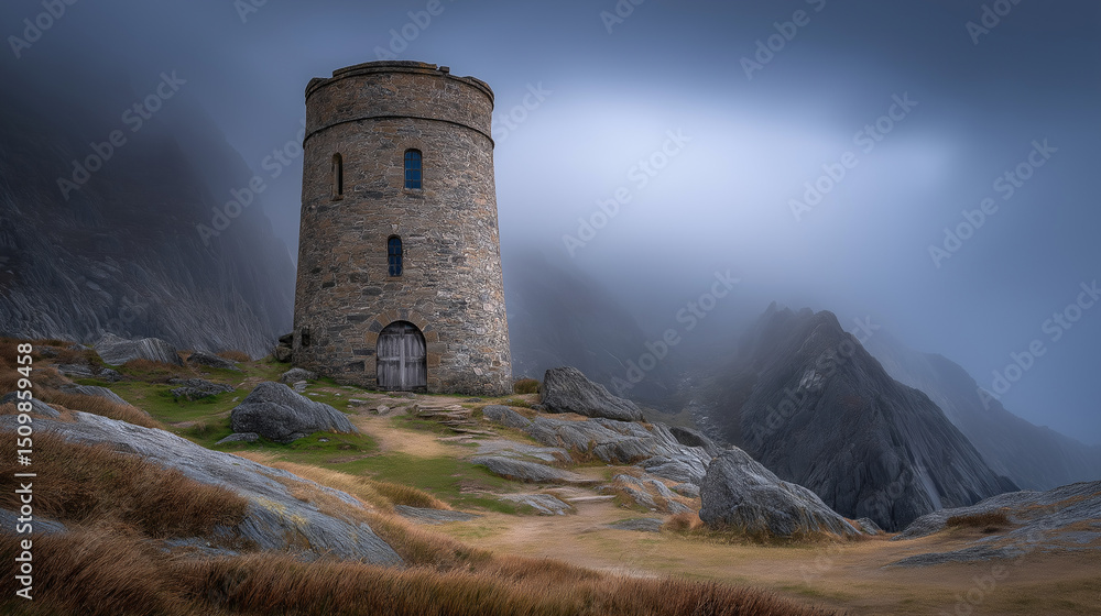 A solitary stone tower shrouded in fog on a windswept plateau A solitary stone tower shrouded in fog on a windswept plateau
