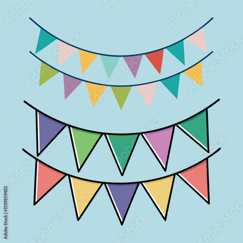 Colorful Party Bunting Flags Vector on Light Blue Background

