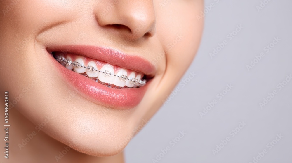 Obraz premium a woman with light braces smiling - close-up dental concept