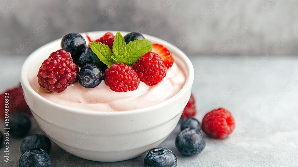 A bowl of creamy yogurt topped with fresh raspberries, blueberries, strawberries, and mint leaves on a light background. A bowl of creamy yogurt topped with fresh raspberries, blueberries, strawberries, and mint leaves on a light background.