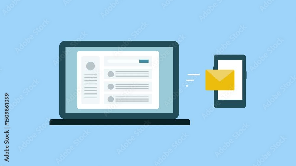 Sending email messages from laptop, Email app showing notification on smartphone screen 2d animation with alpha matte Sending email messages from laptop, Email app showing notification on smartphone screen 2d animation with alpha matte