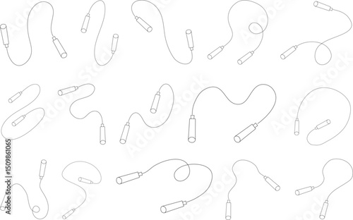 Jump ropes with various shapes and loops, ideal for fitness, gym, and sports design themes in digital, print, and web projects.