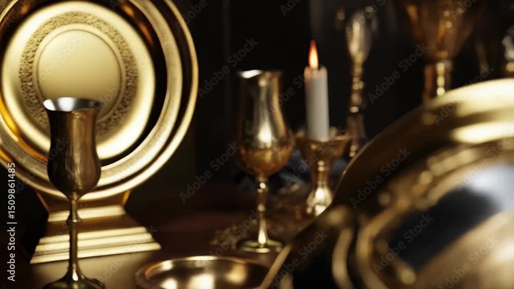 Intricate black and golden helmet stands among golden goblets and a candle, creating a historical and luxurious atmosphere. Intricate black and golden helmet stands among golden goblets and a candle, creating a historical and luxurious atmosphere.