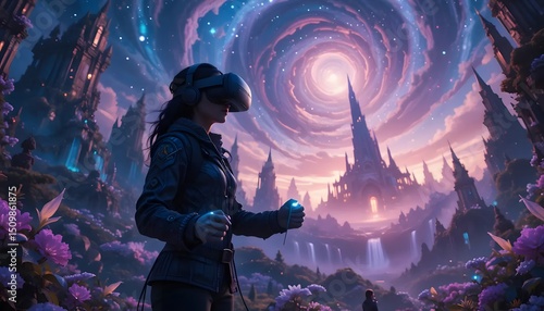 Futuristic gamer girl immersed in fantasy world