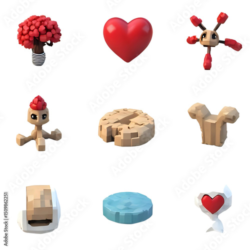 Low Poly 3D Icons for Mental Health and Wellness: Heart, Mindful Concepts, and Abstract Figures Vector Illustrations