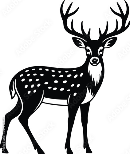 Elegant black and white illustration of a majestic spotted deer with impressive antlers