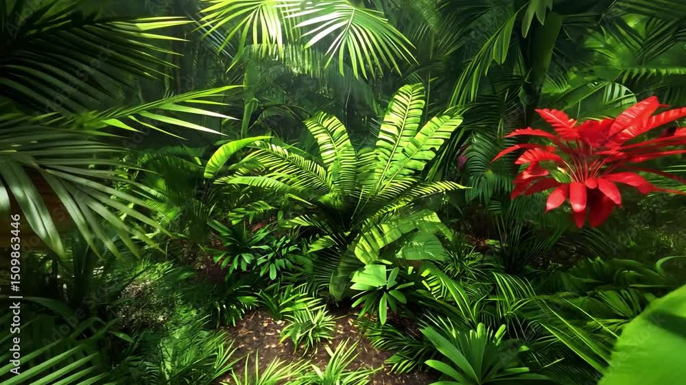 Lush Tropical Jungle with Vibrant Green Foliage and Colorful Plants in a Sunlit Environment Lush Tropical Jungle with Vibrant Green Foliage and Colorful Plants in a Sunlit Environment