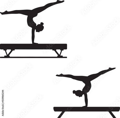 Gymnast Silhouettes on Beam Black and White Isolated Balance Training transparent background