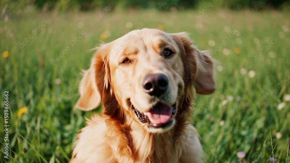 Golden Retriever Winking Cheerfully in Sunny Wildflower Meadow
Golden Retriever Winking Cheerfully in Sunny Wildflower Meadow