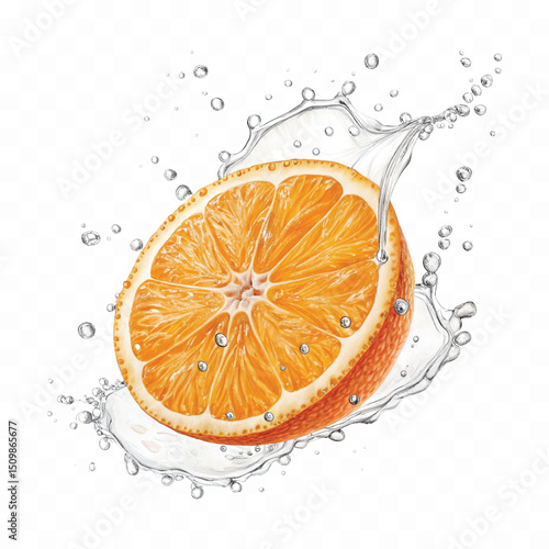 realistic smooth liquid orange into water splash in curve style isolated on transparent background