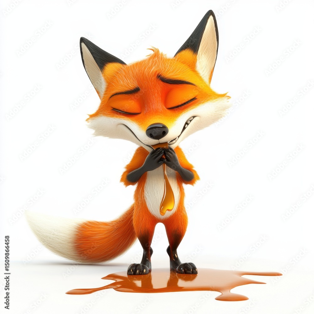 Obraz premium A cartoon fox is standing in a puddle of honey