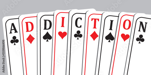 The word Addiction made of playing cards. Gambling dependence conceptual poster. Horizontal banner. Problem of addiction to gambling and online casino.