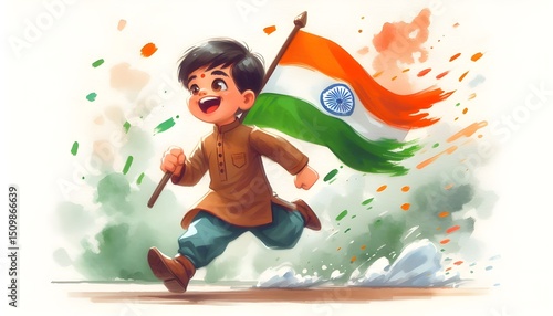 cute illustration of an indian kid wearing traditional attire running joyfully holding an indian flag on a white background.