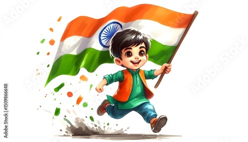 cute illustration of an indian kid wearing traditional attire running joyfully holding an indian flag on a white background.