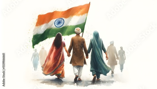 Watercolor illustration of an indian man and woman walking with the indian flag, wearing traditional Indian clothes during Independence Day on a white background with copy space, indian patriotism