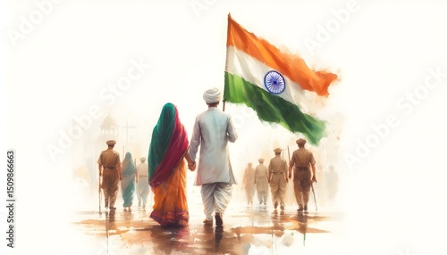 Watercolor illustration of an indian man and woman walking with the indian flag, wearing traditional Indian clothes during Independence Day on a white background with copy space, indian patriotism