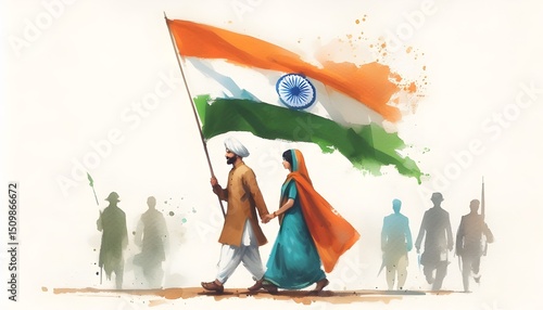 Watercolor illustration of an indian man and woman walking with the indian flag, wearing traditional Indian clothes during Independence Day on a white background with copy space, indian patriotism