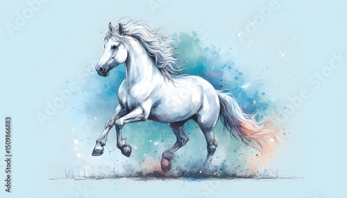 watercolor illustration of a white horse running, symbol of good luck and fortune. Beautiful White horse 