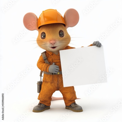 A cartoon mouse wearing a hard hat and orange overalls holding a white sign