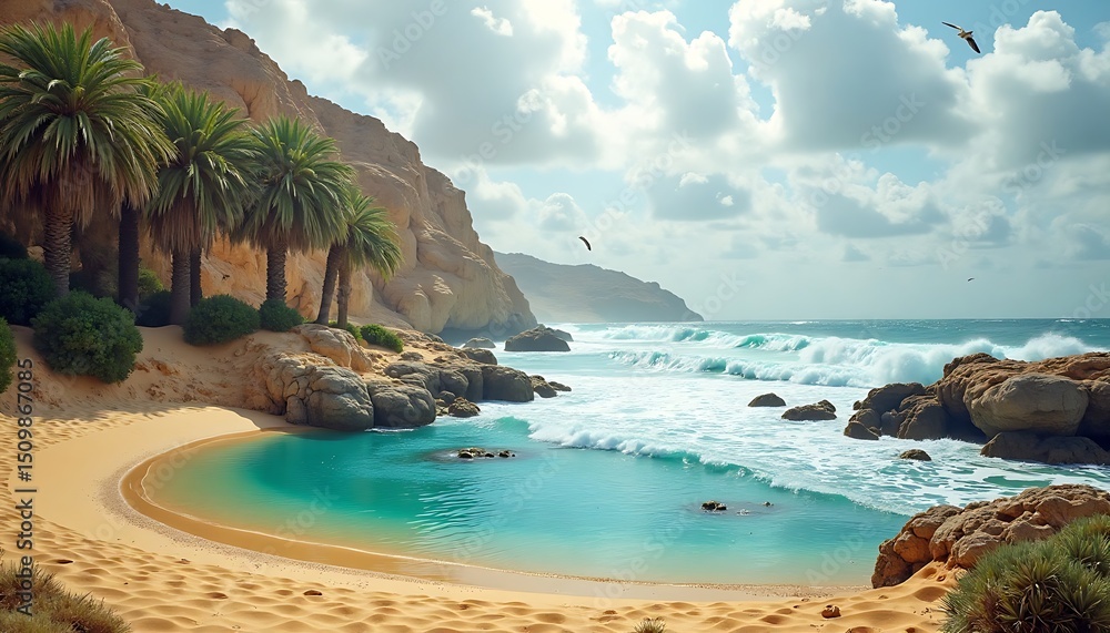 Fototapeta premium Tropical Beach with Palm Trees Rocky Cliffs Turquoise Water and Cloudy Sky