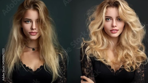 Beautiful blond woman presenting hair transformation, comparing damaged versus healthy and glamorous hairstyle, against dark background.
