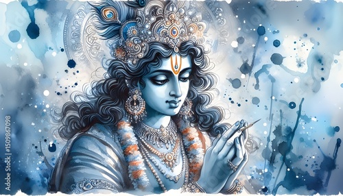 Watercolor portrait of lord krishna