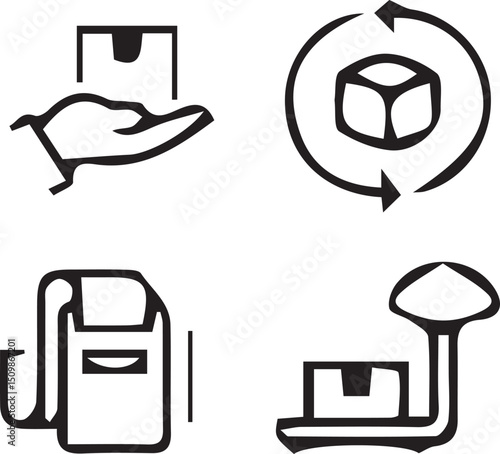Logistics Icons: A set of clean-cut vector graphics representing various aspects of logistics. A hand holding a box, a circular arrow around a box.