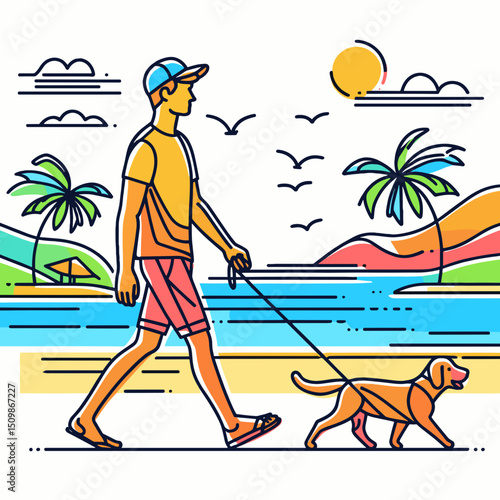 Man walking dog on tropical beach