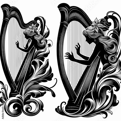 Woman playing harp in silhouette