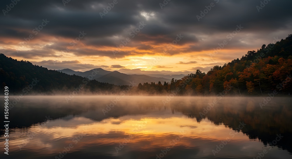 Fototapeta premium Lake in Cloudy autumn Sunset with Mountain background and maple forest, generated by Ai