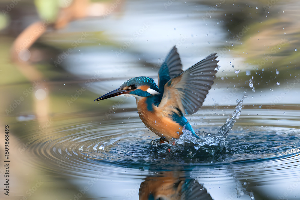 Obraz premium Kingfisher Takes Flight, Splashing Water in Nature