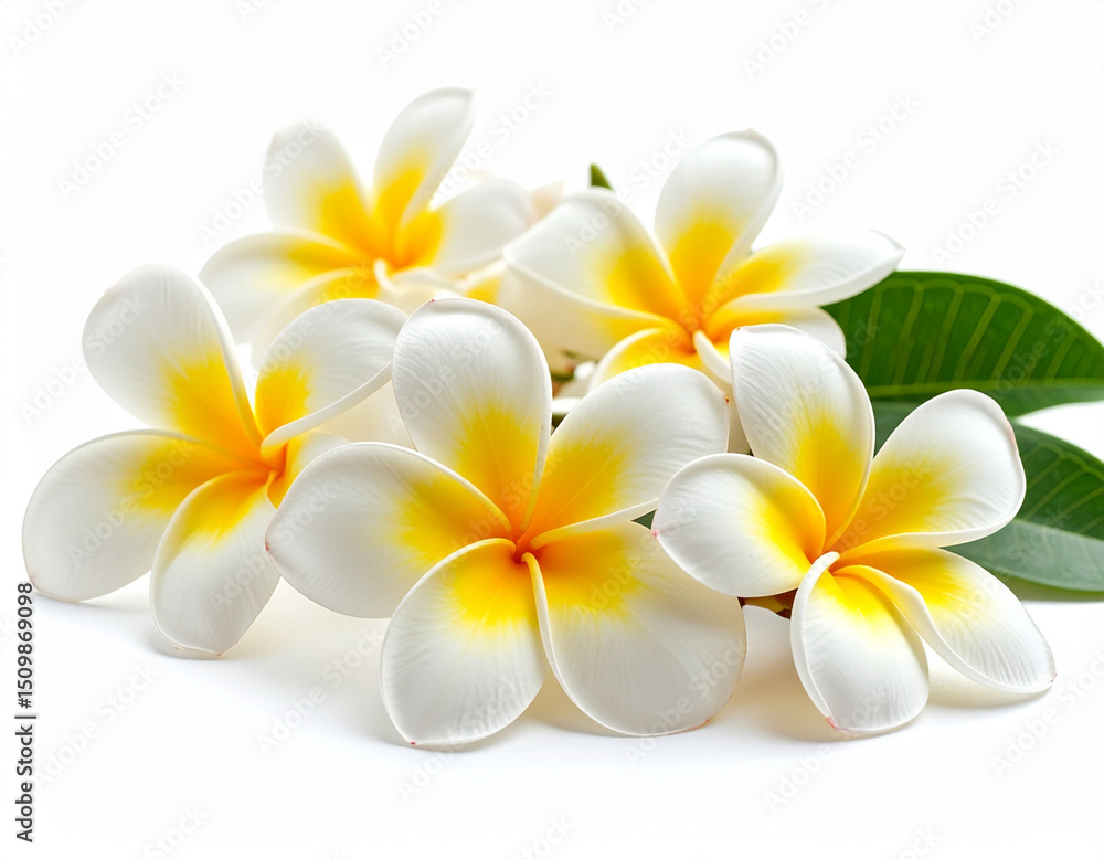 Naklejka premium Stunning close-up of vibrant white and yellow plumeria flowers with green leaves, beautifully arranged on a clean white background.