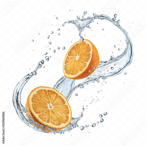 realistic smooth liquid orange into water splash in curve style isolated on transparent background