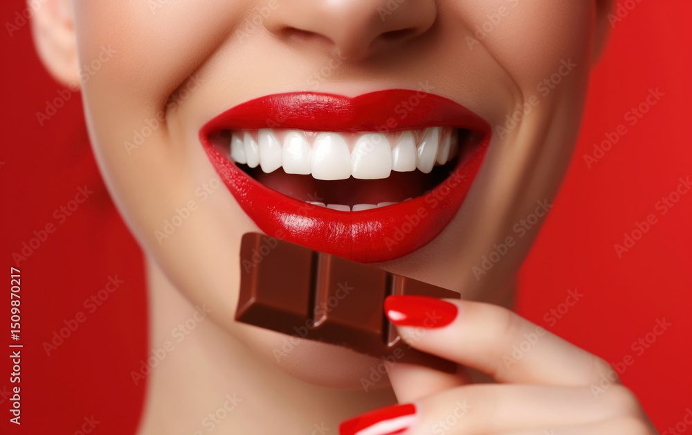 Fototapeta premium Smiling woman showing teeth and holding chocolate. Sweet delight concept. 