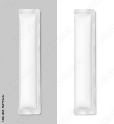 Blank three seal stick package bag mockups. Flat lay view. Vector illustration isolated on white and grey background. Can be use for food, cosmetic, pharmacy and etc. EPS10.