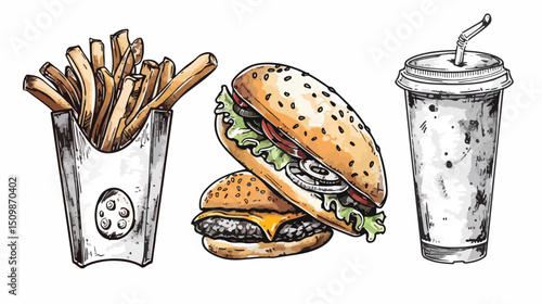 Abstract Fast Food Frenzy: Hand-Drawn Vector Art for Menu Design, Branding, and More! fun soda cafe 
