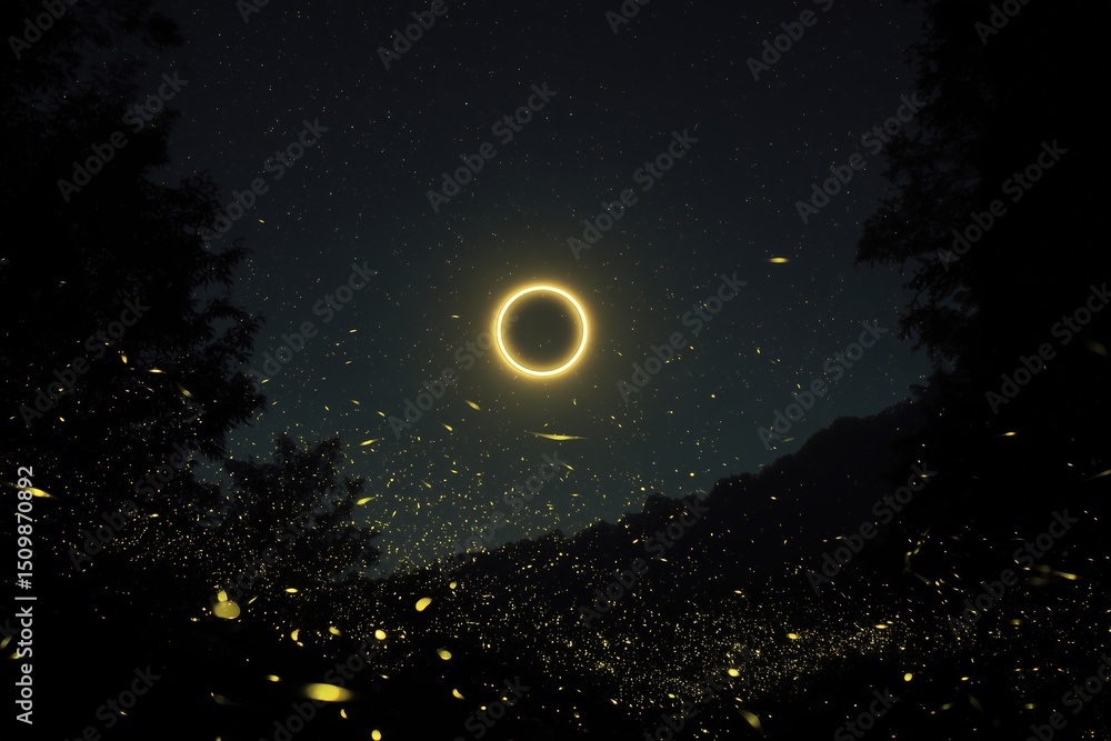 Naklejka premium Glowing ring in the sky with fireflies at night