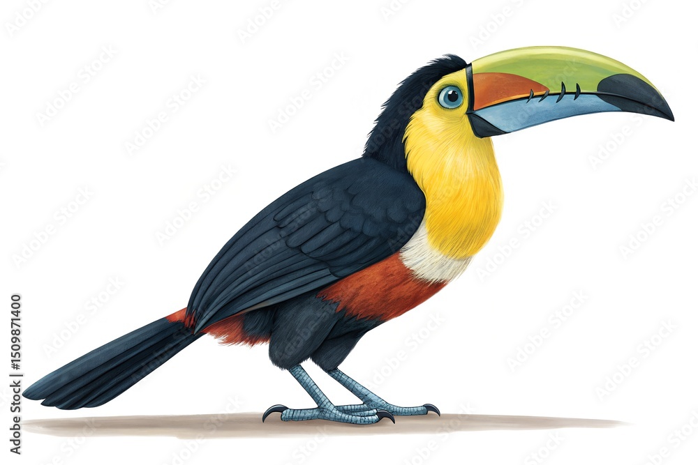Obraz premium Isolated on white, a colorful tropical bird with a yellow beak and black feathers