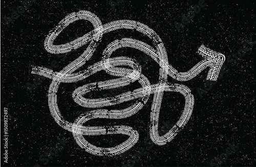 Grunge tire track arrow path – direction through chaos concept, the winding path forward