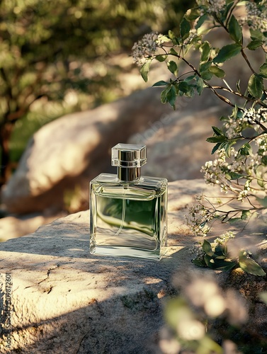 Transparent Square Perfume Bottle with Green Liquid, on Stone with Greenery and Natural Light