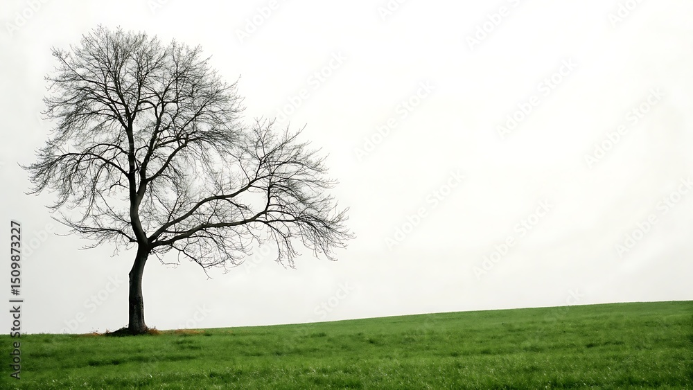 Obraz premium Lonely tree in a grassy field under a wide sky.