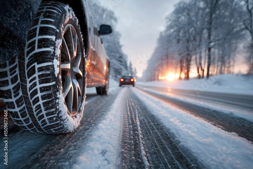 Winter road with snow-covered trees and cars at sunset