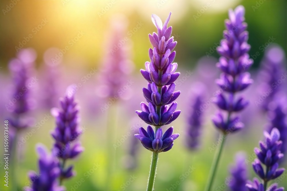Naklejka premium Close-up of blooming lavender flowers, bathed in soft sunlight, exuding a calming, mellow aroma Perfect for relaxation and aromatherapy themes , floral, delicate, soft focus