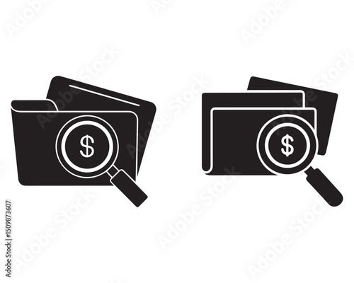 Magnifying glass icon with dollar sign, representing financial search, money analysis, or economic research in minimalistic design with black, white, and blue variations