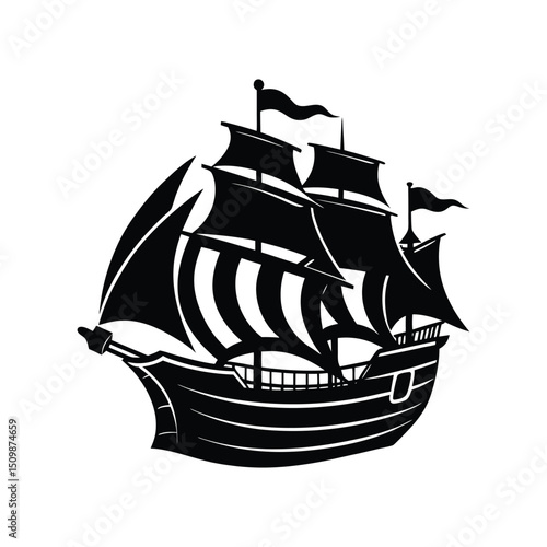 Realistic ancient pirate ship silhouette vector illustration
