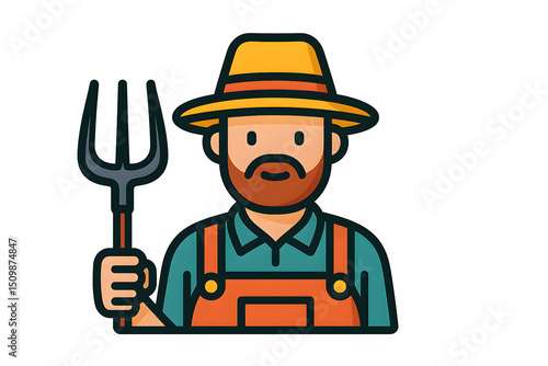 Digital Illustration of a Male Farmer Holding a Pitchfork in Overalls, PNG Transparent