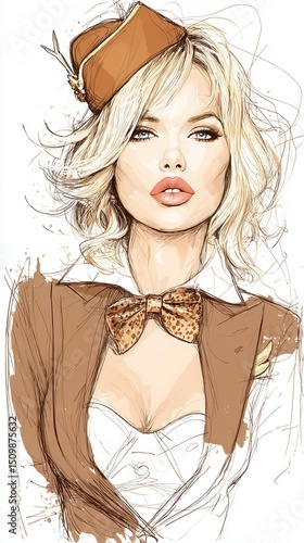 Fashion illustration of a woman with blonde hair and a bowtie