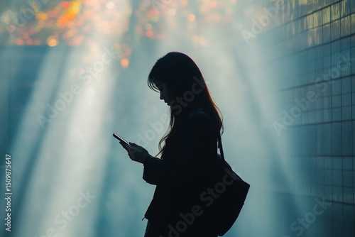 Woman texting on a phone silhouette