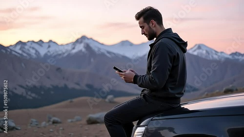 A young man enjoys breathtaking mountain scenery while using his smartphone during a scenic road trip adventure offering stunning sunset views and landscape photography.